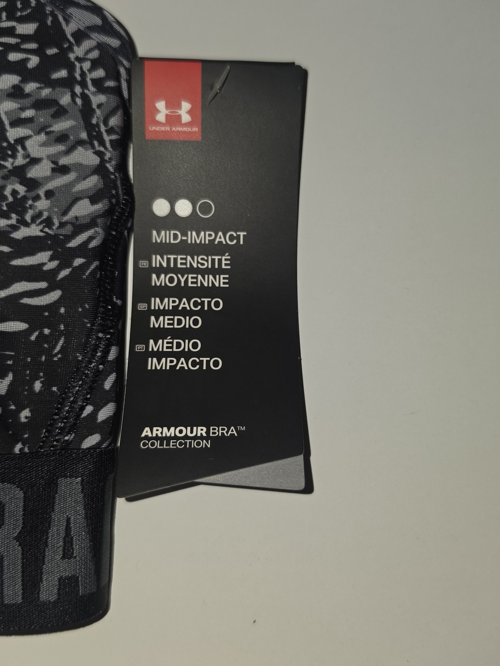 NWT Under Armour Mid-Impact Sports Bra Black Gray Print Logo Band Size L - Picture 2 of 10